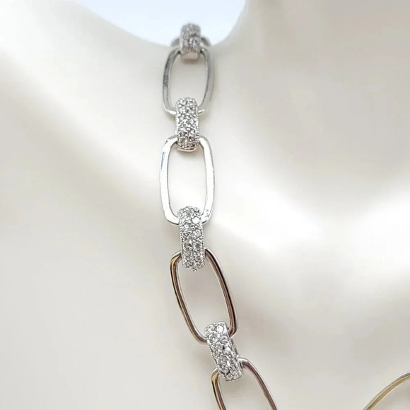 Sterling Silver .925 FAS Pave CZ Rectangle Link Necklace with CZ Heart Charm - Picture 4 of 8